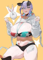 @_@ animal_ears bikini blue_eyes breasts dog_ears exposed_pocket female huge_breasts iku_(ikuchan_kaoru) ikuchan_kaoru_(character) indie_virtual_youtuber navel o-ring o-ring_bikini o-ring_top open_mouth original purple_hair short_hair shrug_(clothing) simple_background solo star_(symbol) star_print star_tattoo stomach_tattoo sweat swimsuit tattoo tears thick_thighs thighs virtual_youtuber wavy_mouth yellow_background