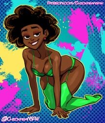 1girls 2020s 2023 adria_lafayette african african_female bedroom_eyes black_hair bra breasts brown_hair chickpea cleavage color colored colored_background colorful dark-skinned_female disney disney_channel earrings female female_only garter_belt huge_ass kneeling lingerie looking_at_viewer marvel marvel_comics milf moon_girl_and_devil_dinosaur on_all_fours seductive sfw smile solo stockings thick_thighs