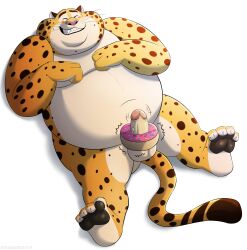 absurd_res anthro balls benjamin_clawhauser cheetah closed_eyes dessert disney doughnut erection ethancostas felid feline food genitals hi_res invalid_tag looking_pleasured male male_only mammal masturbation nude obese obese_anthro obese_male overweight overweight_anthro overweight_male pawpads penile penis ring_vibrator sex_toy smile solo teeth teeth_showing vibrator vibrator_on_penis zootopia