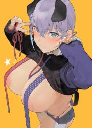 animal_ears areola_slip arms_up bad_id bad_pixiv_id big_areola big_nipples bikini bikini_under_clothes black_hoodie blue_eyes blush breasts closed_mouth clothes_lift commentary_request drawstring female hair_between_eyes hair_ornament hairclip hood hood_down hoodie hoodie_lift huge_areolae huge_breasts huge_nipples iku_(ikuchan_kaoru) ikuchan_kaoru_(character) indie_virtual_youtuber long_hair looking_at_viewer minishorts mole mole_under_eye nipple_slip nipples no_bra orange_background purple_hair revealing_clothes revision ribbon short_shorts shorts shrug_(clothing) side-tie_bikini_bottom simple_background smile solo star_(symbol) star_hair_ornament string_bikini swimsuit swimsuit_under_clothes thong thong_above_shorts thong_straps topless v virtual_youtuber yellow_background