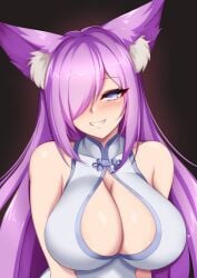 1girls animal_ear_fluff animal_ears blush breasts chinese_clothes cleavage cleavage_cutout clothed dress female foxgirl foxykuro kitsune kuro_(foxykuro) large_breasts light-skinned_female light_skin long_hair looking_at_viewer original purple_eyes purple_hair smile solo solo_female