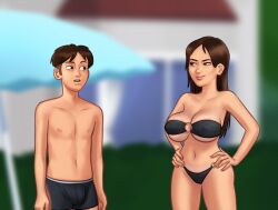 1boy 1girls 2d big_breasts bikini bikini_bottom bikini_top bottomwear boxers bra breast_press breast_squeeze breasts brown_hair brown_hair cameltoe clothed clothing curvy curvy_body curvy_female curvy_figure darkcookie digital_drawing_(artwork) digital_media_(artwork) duo garden half-dressed half_naked jenny_(summertime_saga) light-skinned_female light-skinned_male light_skin long_hair looking_at_another main_character_(summertime_saga) male male/female naughty_face naughty_smile outdoors outside panties pants_down pussy_lips shirtless smile smiling standing summertime_saga suspicious swimsuit swimwear tan_body tan_skin tanline thick_thighs topless topwear underwear