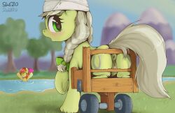 2023 animal_genitalia animal_pussy anthro apple_bloom_(mlp) blurred_background cutie_mark digital_media_(artwork) dosh duo earth_pony equid equine equine_genitalia equine_pussy eyelashes female friendship_is_magic genitals green_eyes hasbro hi_res hooves horse jinx_(mlp) mammal mountain my_little_pony outside plant pony pussy solo_focus tree underhoof