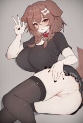 1girls ass big_breasts bottomless breasts brown_eyes brown_hair collar dog_ears dog_tail glasses hi_res hololive hololive_gamers hololive_japan inugami_korone no_panties on_side presenting_pussy round_glasses shirt skirt smile solo stockings tail thighs v varniskarnis virtual_youtuber