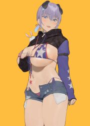 american_flag_bikini animal_ears bad_id bad_pixiv_id bikini blue_eyes breasts colored_skin cowboy_shot curvy female flag_print iku_(ikuchan_kaoru) ikuchan_kaoru_(character) indie_virtual_youtuber large_breasts long_sleeves looking_at_viewer mole mole_under_eye multicolored_skin navel open_fly open_mouth short_hair short_shorts shorts shrug_(clothing) side-tie_bikini_bottom simple_background smile solo star_(symbol) striped swimsuit thighs unbuttoned virtual_youtuber yellow_background