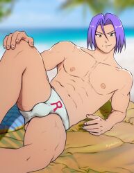 1boy abs beach biceps bulge green_eyes human human_only hydaria james_(pokemon) laying_back light-skinned_male light_skin looking_at_viewer male male_focus male_only muscles muscular muscular_male nipples outdoors outside pecs pectorals pokemon pokemon_(anime) posing purple_hair shirtless_male six_pack smooth_chest smooth_skin solo solo_focus solo_male speedo speedo_only underwear underwear_only white_speedo white_underwear