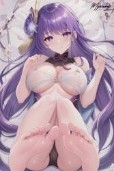 ai_generated barefoot feet foot_fetish genshin_impact large_breasts myrioku purple_eyes purple_hair raiden_shogun soles stable_diffusion thighs toes tongue