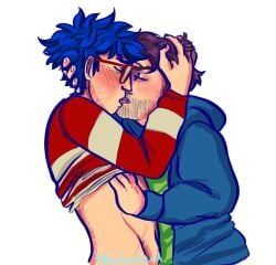 2boys blue_hair blush brown_hair closed_eyes clothed drunk facial_hair feferriswheel gay glasses hand_in_hair hand_under_clothes hoodie makeout original_character scars_all_over shane_(stardew_valley) slime_(feferriswheel) stardew_valley striped_sweater tongue_kiss