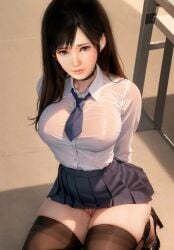 ai_generated dead_or_alive kokoro_(doa) school_uniform schoolgirl see-through see-through_clothing stockings