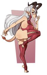 1girls bodysuit demon demon_girl demon_horns demon_tail female female_only horns leggings light-skinned_female light_skin original pointy_ears red_eyes solo tail white_hair yew_(cliffpadfoot)