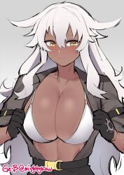 1girls black_gloves blush buckle busty button_down_shirt cleavage clothed_female cygames dark_clothing dark_skin dragalia_lost female ge-b gebyy-terar gloves large_breasts long_hair messy_hair mightykow nintendo open_clothing open_shirt ryszarda showing_breasts voluptuous voluptuous_female white_bikini white_hair yellow_eyes