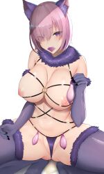 absurdres breasts chiyo_(pk19981234) condom condom_in_mouth condom_wrapper fate/grand_order fate_(series) female fur-trimmed_thighhighs hair_over_one_eye highres large_breasts looking_at_viewer mash_kyrielight mash_kyrielight_(dangerous_beast) mouth_hold navel nipples pink_hair purple_eyes purple_thighhighs simple_background solo squatting stomach thighhighs thighs used_condom white_background