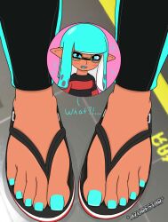 azurestar blue_eyes blue_hair blue_nails blush cerulean_(azurestar) clothing embarrassed feet feet_focus feet_together female flip_flops foot_fetish foot_focus footwear footwear_only glasses imminent_footjob imprint inkling inkling_girl leggings legwear long_sleeves nail_polish nintendo open_toe_shoes original_character pedicure sandals shocked shocked_expression shoes shy splatoon splatoon_(series) splatoon_3 standing sweater tight_clothing tights toenail_polish toes