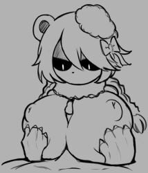 1boy 1girls animal_ears aquamarina bear_ears bear_girl between_breasts black_sclera braids breasts claws funamusea grayscale hairbow hat huge_breasts ice_scream monochrome paizuri rocma sketch straight