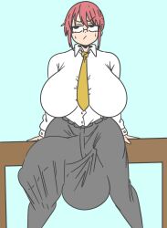 1futa alternate_breast_size balls big_balls big_breasts big_penis breasts bulge_through_clothing clothed clothing colored colorized erection erection_under_clothes fully_clothed futa_only futanari glasses gray_pants huge_balls huge_breasts huge_cock human inakotho kobayashi kobayashi-san_chi_no_maidragon light-skinned_futanari light_skin looking_up miss_kobayashi's_dragon_maid penis penis_bulge penis_ripping_clothes red_hair serious_look solo_futa standing supporting_hands sweat table tagme thick_thighs tight_clothing white_shirt yellow_tie