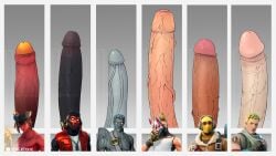 6boys black_penis drift_(fortnite) foreskin fortnite grey_penis jonesy_(fortnite) male_only penis_size_chart penis_size_difference red_penis veiny_penis vikifox_(artist)