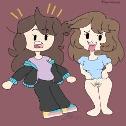 bottomless brown_hair clothed_female dress emirichu jaiden jaiden_animations jaidenanimations mob_face pubic_hair squirrellewds surprised surprised_expression tonfue tongue_out youtube youtuber