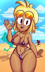 beach big_breasts bikini black_eyes blonde_female blonde_hair breasts carol_(ok_k.o.!_let's_be_heroes) carol_kincaid cartoon_network dark-skinned_female dark_skin female female_focus female_only huge_breasts looking_at_viewer mexicanjoe ok_k.o.!_let's_be_heroes short_hair string_bikini tan_body tan_skin tanned tanned_female tanned_girl tanned_skin thick_thighs tooth_gap waving waving_at_viewer