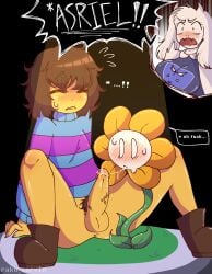 ! !! ... 1girls 2023 2boys 2d 2d_(artwork) anthro artist_name asriel_dreemurr balls blowjob blush bottomless bottomless_male brown_hair caught caught_in_the_act closed_eyes color dialogue digital_media_(artwork) dress duo_focus english english_dialogue english_text erection female flora_fauna flower flowey_the_flower frisk fur furry glistening glistening_body glistening_genitalia glistening_hair glistening_penis goat horns human ibispaintx implied_fellatio implied_oral interspecies long_sleeves magearna64 male male/male male_frisk male_human open_mouth oral penis penis_out petals pubic_hair raku_sarvin saliva saliva_on_penis saliva_string self_upload shiny_skin shocked shocked_expression shoes short_hair sitting spread_legs striped_clothing stripes sweat sweatdrop sweater text topwear toriel uncensored undertale undertale_(series) vein veiny_penis white_fur yellow_skin