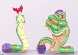 2girls coiled coiling dark-skinned_female elfudraws female female_only lamia monster_girl multiple_girls pink_hair portal portal_(object) purple_hair restrained shantae shantae_(character) smooth_skin snake snake_girl tuki_(shantae)