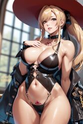 1girls ai_art_panwho ai_generated blonde_hair breasts female hat huge_breasts large_hat long_hair original original_character pubic_tattoo revealing_clothes stable_diffusion thick_thighs witch witch_hat