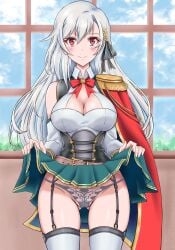 1girls aiguillette cleavage eiyuu-ou_bu_wo_kiwameru_tame_tensei_su_~soshite_sekai_saikyou_no_minarai_kishi~ garter_straps inglis_eucus lifted_by_self panties red_eyes silver_hair skirt_lift