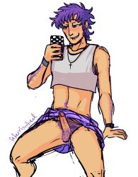 1boy beauty_mark biting_lip boner bracelet clothed colored_pubic_hair crop_top cross_necklace crossdressing exhibitionism feferriswheel green_eyes holding_phone male male_only no_background no_underwear original original_character purple_hair selfie skirt skirt_boner solo solo_male tate_baker upskirt