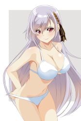 1girls achmad_faisal eiyuu-ou_bu_wo_kiwameru_tame_tensei_su_~soshite_sekai_saikyou_no_minarai_kishi~ inglis_eucus long_hair red_eyes silver_hair underwear underwear_only white_bra white_panties