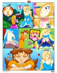 3girls angry big_breasts cleavage comic digital_media_(artwork) envy fanart female female_only garter_belt garter_straps giantess idendrawx lifting_dress mario_(series) multiple_girls nintendo nsfw panties parody princess_daisy princess_peach princess_rosalina self_upload shrinking stockings super_mario_bros. tagme