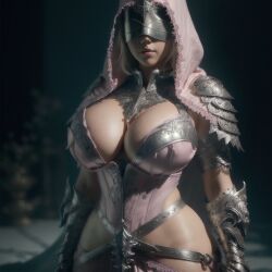 ai_generated armor audiostick blind blindfold blonde_hair blonde_hair breasts cleavage eyes_covered fantasy gauntlets highres hood hood_up huge_breasts large_breasts lipstick medieval monk shoulder_pads stable_diffusion warrior