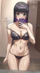 1girls anteiru anteiru3939 bathroom belly belly_button belly_piercing big_breasts black_hair blush bocchi_the_rock! breasts cleavage eyebrows_visible_through_hair fit_female green_eyes large_breasts light-skinned_female long_hair navel navel_piercing pa-san phone piercings selfie slim_waist solo solo_female solo_focus underwear wide_hips