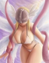 1girls 8_wings angewomon bandai bikini bikini_tan blonde_hair bra_armor breasts clouds curvy curvy_female day detailed_background digimon female female_only half_mask huge_breasts large_breasts long_hair looking_at_viewer midriff pale-skinned_female pink_mouth pink_ribbon pinup purple_sky ribbon saf-404 saf_404 safartwoks safartworks side_view thick_body thick_thighs viewed_from_below voluptuous_female white_bikini white_panties wings wings_on_head