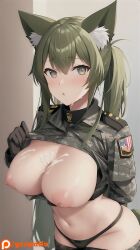 ai_generated army army_uniform breasts breasts_out cat_ears catgirl cum cum_on_breasts original_character panties puffy_nipples tagme