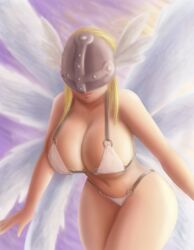 1girls 8_wings angewomon bandai bikini bikini_tan blonde_hair bra_armor breasts clouds curvy curvy_female day detailed_background digimon female female_only half_mask huge_breasts large_breasts long_hair looking_at_viewer midriff pale-skinned_female pink_mouth pinup purple_sky ribbon saf-404 saf_404 safartwoks safartworks side_view thick_body thick_thighs viewed_from_below voluptuous_female white_bikini white_panties wings wings_on_head