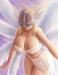 1girls 8_wings angewomon bandai bikini bikini_tan blonde_hair bra_armor breasts clouds curvy curvy_female day detailed_background digimon female female_only half_mask huge_breasts large_breasts long_hair looking_at_viewer midriff only_female pale-skinned_female pink_mouth pinup purple_sky ribbon saf-404 saf_404 safartwoks safartworks side_view thick_body thick_thighs viewed_from_below voluptuous_female white_bikini white_panties wings wings_on_head