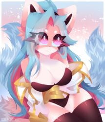 big_breasts blue_hair blue_tail coral_(msmunchkin) furry furry_ears furry_female furry_tail leotard light_clothing looking_away msmunchkin_(artist) multicolored_fur multiple_tails shoulders thigh_gap thighhighs thighs