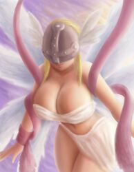 1girls 8_wings angewomon bandai bikini bikini_thong blonde_hair bra_armor breasts clouds curvy curvy_female day detailed_background digimon female female_only half_mask huge_breasts large_breasts long_hair looking_at_viewer midriff only_female pale-skinned_female pink_mouth pink_ribbon pinup purple_sky ribbon saf-404 saf_404 safartwoks safartworks side_view thick_body thick_thighs viewed_from_below voluptuous_female white_bikini white_panties wings wings_on_head