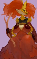 anthro anthrofied areola big_areola big_breasts breasts canid canine clothing delphox digital_media_(artwork) digital_painting_(artwork) female generation_6_pokemon genitals holding_object ineffective_clothing inner_ear_fluff looking_aside mammal mighty-whydah navel nintendo pokemon pokemon_(species) pussy small_waist solo thick_thighs tuft wide_hips