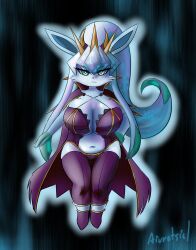 aivrotsiel belly breasts cape cleavage creatures_(company) crown curvy furry furry_female game_freak glaceon green_eyes huge_breasts nintendo pokémon_(species) pokemon ponytail shortstack skindentation thighhighs thighs wide_hips