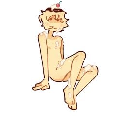 cherry cream dessert flancito18 food food_creature food_humanoid food_on_body nude nude_male original_character pudding sitting stickman white_background yellow_body yellow_hair yellow_skin