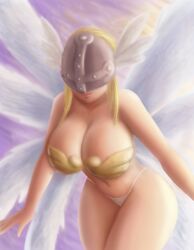 1girls 8_wings alternative_clothing angewomon armgloves bandai bikini blonde_hair bra_armor breasts clouds curvy curvy_female day detailed_background digimon female female_only half_mask huge_breasts large_breasts long_hair looking_at_viewer midriff necklace one_glove pale-skinned_female pink_mouth pinup purple_sky ribbon saf-404 saf_404 safartwoks safartworks side_view sideboob thick_body thick_thighs viewed_from_below voluptuous_female white_panties wings