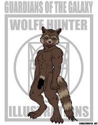 cartoony censored_penis erection guardians_of_the_galaxy male_nipples male_only male_pubic_hair marvel masculine mature_male muscles muscular_male pecs rocket_raccoon smile smiling smooth_skinned_male solo veiny_penis white_background wolffhunter_art