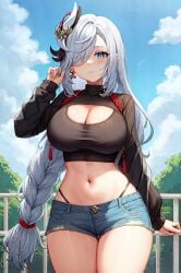 ai_generated blue_eyes blush braided_ponytail breasts cleavage denim_shorts earrings gangyu genshin_impact hair_ornament hair_over_one_eye hips large_breasts long_hair navel outdoors outside shenhe_(genshin_impact) shorts stable_diffusion tassel thong very_long_hair white_hair wide_hips