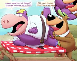 2023 anal anthro balls bear black_nose brown_body closed_eyes clothing detailed_background duo erection genitals hanna-barbera hat headgear headwear hi_res jellystone_(hbo_max) leonthelionel male male/male mammal necktie oral outside penis peter_potamus purple_body rimming sex the_peter_potamus_show yogi_bear