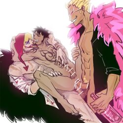 3boys alcohol anal anal_sex bar_censor big_dom_small_sub black_hair blonde_hair brothers censored chullo donquixote_doflamingo donquixote_rosinante erection facepaint feather_coat gay hat headwear licking lipstick long_tongue makeup male male_only maxkennedy mmm_threesome nude_male one_piece penis red_lipstick scars siblings size_difference smile spread_legs sunglasses tan_skin tattoo threesome tongue_out trafalgar_law yaoi