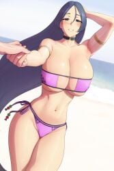 1girls armlet armpits beach bikini blurry_background blush breasts busty choker cleavage curvy fate/grand_order fate_(series) female female_focus highres holding_hands hourglass_figure huge_breasts large_breasts long_hair looking_at_viewer low-tied_long_hair lvl_(sentrythe2310) male mature_female minamoto_no_raikou_(fate/grand_order) minamoto_no_raikou_(swimsuit_lancer)_(fate) navel ocean outdoors parted_bangs purple_bikini purple_eyes purple_hair smile strapless swimsuit thick_thighs thighs underboob very_long_hair water wide_hips