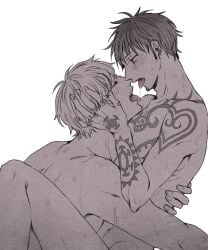 2boys blush closed_eyes donquixote_rosinante drooling embrace gay hand_on_another's_head holding_head implied_sex looking_at_another male male_only nude one_piece open_mouth profile saliva saliva_drip scars sweat tattoo tattoos tongue_out trafalgar_law utsutsu yaoi