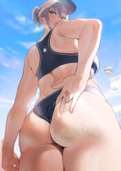 :d ass back bikini blue_bikini blue_eyes blue_sky blush breasts female iku_(ikuchan_kaoru) ikuchan_kaoru_(character) indie_virtual_youtuber looking_at_viewer mole mole_under_eye open_mouth original ponytail purple_hair sand sky smile solo sweat swimsuit tongue tongue_out virtual_youtuber visor_cap volleyball