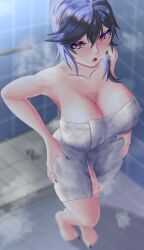 1girls barefoot blue_hair breasts cleavage eula_(genshin_impact) feet female_only genshin_impact large_breasts misherudraw purple_eyes shower tights wet