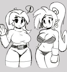 ! 2girls belt bra breasts cleavage confused cowboy_shot female female_only greeting long_hair looking_down mii mii_gunner mii_gunner_(smash_4) mob_face navel nintendo parted_bangs pointy_ears sg64 sg64_g shantae shantae_(character) sketch speech_bubble super_smash_bros. turtleneck waving wii